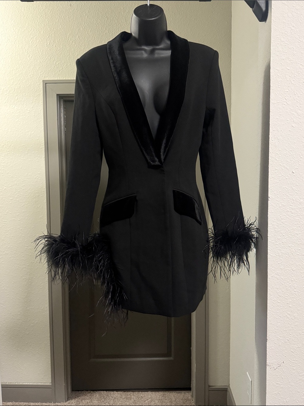Madeline Black Feather Trim Blazer Dress